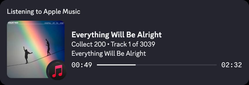 MacAMRP showing Discord Rich Presence with Apple Music track info and a progress bar