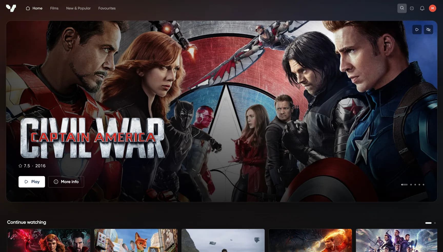 The Valence web player showing a featured film hero banner above a Continue watching row