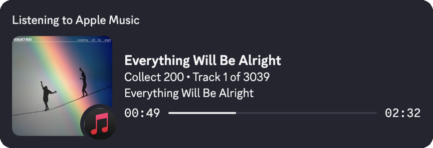 MacAMRP showing Discord Rich Presence with Apple Music track info and a progress bar